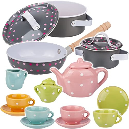 alles-meine.de GmbH 18 TLG. Set Kinder - Puppengeschirr + Kochset & Topfset - Antihaft Kochtopfset - aus Metall/echte Edelstahl Blech Töpfe/Panne + Küchenhelfer - Teeservic..