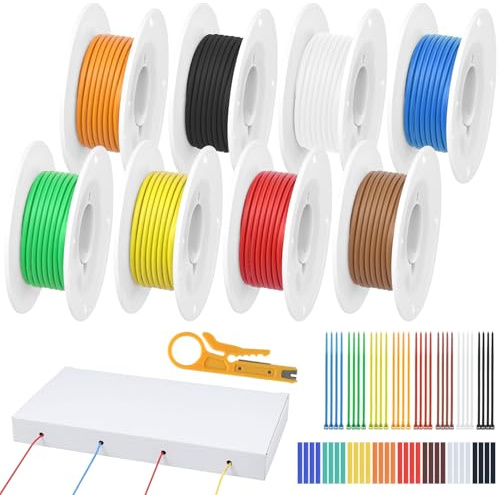 QWORK® 8 Rollos cable eléctrico 20 AWG 0,5 mm², bobina de alambre de cobre estañado de silicona de 5 m cada color, para lámparas, medidores, bricolaje