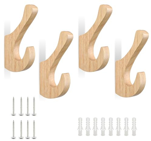 TIANLIN 4er Set Wandhaken Holz aus Eiche, Garderobenhaken Doppelhaken für Kleidung, Vintage Kleiderhaken für Flur, Schlafzimmer, Küche, Balkon – mit Schrauben & Dübeln