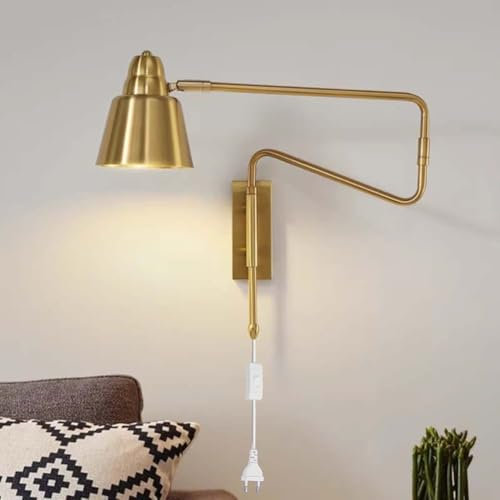 AoLa Schwenkarm Wandleuchte Verstellbar Metall Arm Wandlampe mit Schalter und Stecker Industrial Nachttischlampe Drehbare mit Kabel Langer Arm Leselampen Innen Wandspot E27 Fassung,Gold