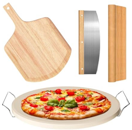 UDXFYS Lot de 5 pierres à pizza rondes en cordiérite résistantes aux chocs thermiques de 33 cm avec support à poignée et coupe-pizza, grande pierre de cuisson for gril et pain à pizza