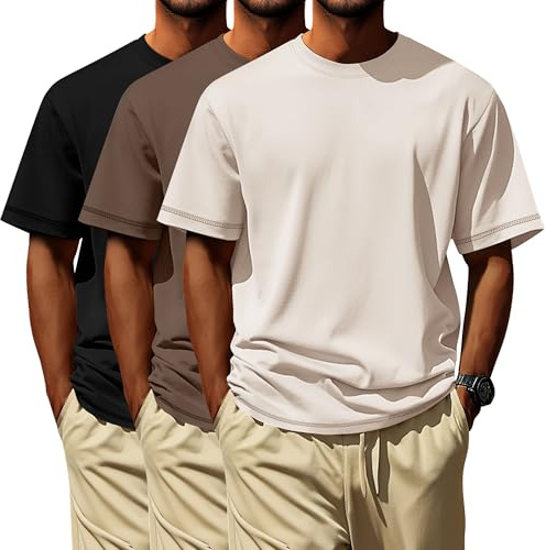 Neer Paquete de 3 Camisetas para Hombre de Tallas Grandes (L-7XL) Manga Corta Cuello Redondo Camisetas básicas de Verano(Negro, Moca, Beige,XL)