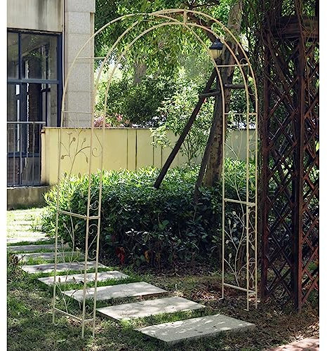 Marco de jardín resistente con picos de suelo, arco de metal grande para plantas trepadoras, rosas, verduras, interior/exterior, decoración de arco vintage, color blanco