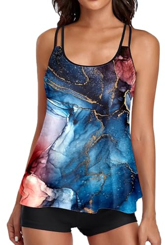 Tankini fluido traje de baño de dos piezas para mujer con pantalones cortos para niño, camiseta con cuello en U, traje de baño de 2 piezas traje de baño de tres piezas para niña