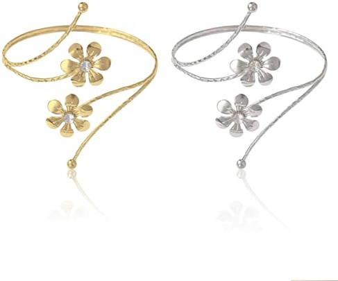 Kotkiddy Lot de 2 bracelets pour le haut du bras - Spirale - Motif floral - Bijoux bohème pour femme (doré et argenté)