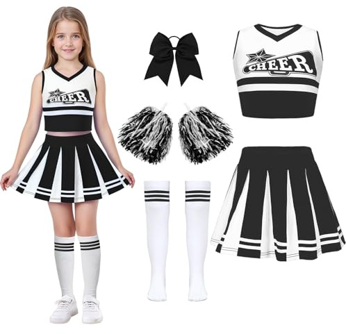Deguisement Pompom Girl Deguisement Cheerleader avec Pom Poms Nœud Et Chaussettes Costume De Cheerleader Enfant Uniforme de Pom-Pom Girl Pour Carnaval Cosplay Mascarade Halloween FêTe-Black 150