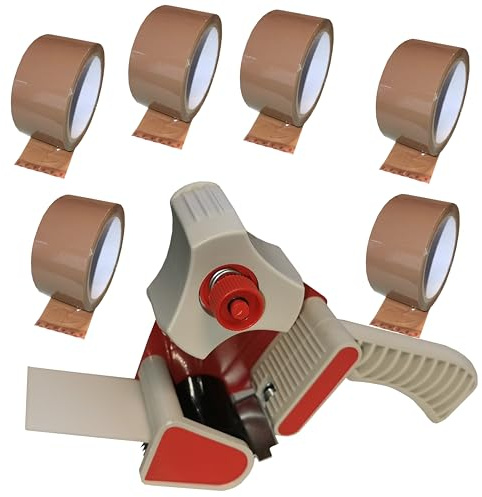 LudwigLacke Paketband-Abroller Set mit 6 Rollen Klebeband, Handabroller mit Bremse, Packband Klebebandspender