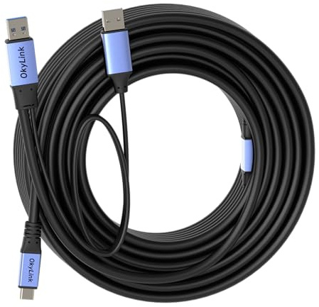 OkyLink Active USB 3.0/3.2 Gen1 A to C Data Cable 50ft/15M – High-Speed 5Gbps, Signal Booster, Optional Power, Long-Distance Cable for VR, External Storage, Docking Station, Printer