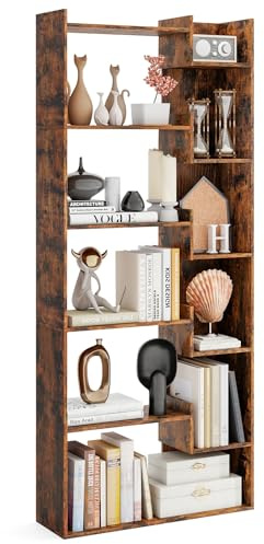 GOPLUS Librería de Madera de 6 Niveles, Estantería Alta con Sistema Antivuelco, Separador de Ambientes Independiente, Soporte de Exhibición para Dormitorio y Oficina (Marrón Rústico)