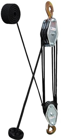 Flaschenzug 3-Fach mit Seilbremse, Flaschenzug mit 1T Bruchfestigkeit, 5:1 Hubkraft, Schwerlast Flaschenzug mit 15m Nylon Seil und Haken, Metallrad-Lagerstruktur, Seilzug für Jagd für Jagd,Garagen