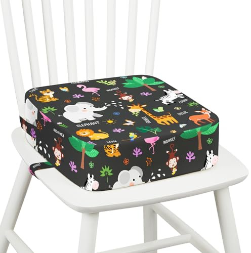omedecal Rehausseur Chaise Enfant, Lavable Coussin Rehausseur avec 2 Sangles Réhausseurs pour Enfant 32 x 32 x 10 cm - Animaux de la Jungle