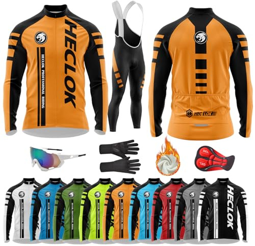 HECLOK Completo Ciclismo Invernale Uomo, Completo Antivento con Maglia in Vello Termico e Salopette Gel 9D per Ciclismo，per Bici Strada e MTB