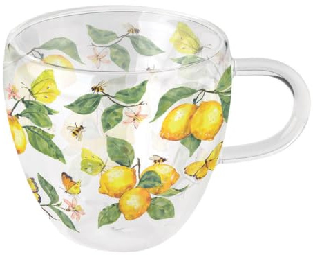 Ambiente Tasse 10cm Glas doppelwandig mit Zitronen & Schmetterling Motiv - 0,2L Glastasse Glasgeschirr - Kaffeeglas Teeglas Kakaoglas - Tassen & Becher Früchtemotiv - Kaffeetasse Teetasse