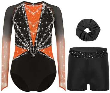 Yruioon 3Pcs Mädchen Turnanzug Glitzer Gymnastikanzug mit kurze Hose Haarband Langarm Gymnastik Leotard Wettbewerb Tanzkostüm