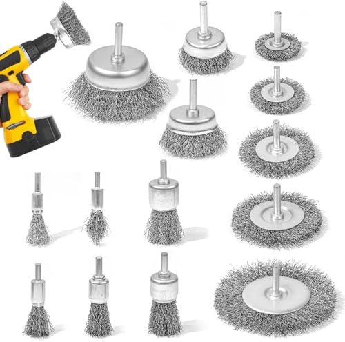 14 Stück Drahtbürste Bohrmaschine, Rundschaft 1/4 Zoll 6mm Stahlbürste Akkuschrauber, Drahtbürsten, Topfbürsten und Rohrbürsten-Set zum Entfernen von Rost/Korrosion/Farbe
