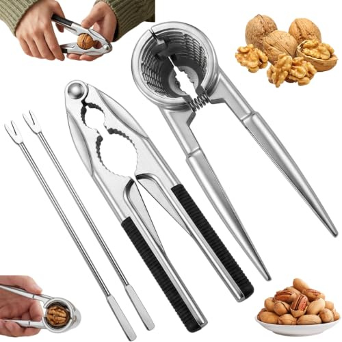 Oncjilu Nussknacker Walnussknacker Nußknacker 4-teiliges Set, Multifunktionaler Nussknacker für Walnüsse Haselnüsse, DREI Zangen Design mit Griff und Nadel, Ideal für Küche und gesellige Anlässe