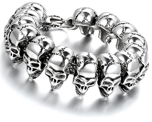 Flongo Herrenarmband Männer Armband Armreif Biker Kette, Groß Schwer Edelstahl Armband Link Handgelenk Silber Schwarz Totenkopf Schädel Rock Gotik Biker Schmuck Herren-Accessoires