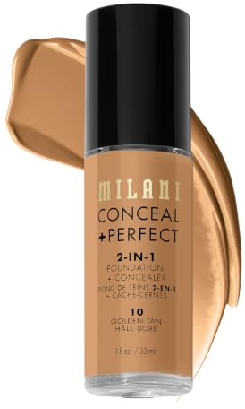 Milani Conceal + Perfect 2-in-1 Foundation + Concealer – Golden Tan (35 ml). Tierversuchsfreie flüssige Grundierung – deckt Augenringe, Hautunreinheiten und Hautverfärbungen ab für einen makellosen
