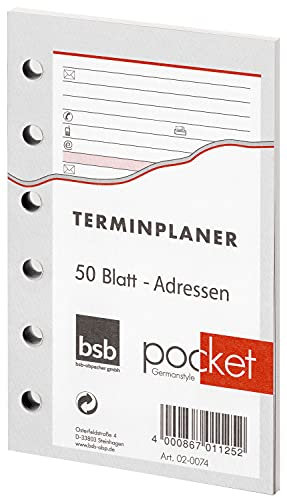 BSB Ersatzeinlage Adressen und Kontakte - 6-fach Lochung -ca A7-50 Blatt - für Pocket Terminplaner Organizer - 02-0074