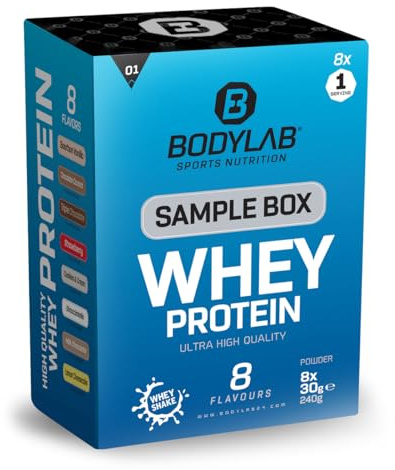 Bodylab24 Sample Box Whey Protein 1 (8x30g), 80% Eiweißgehalt, reich an BCAAs, 8 Geschmacksvarianten zum Ausprobieren mit je 1 Portion, perfekt löslich, ideal zur Nutzung nach dem Training | Bis zu 24 g Protein pro Portion, hochwertiges Molkenprotein, perfekt löslich, ideal für Protein Shakes rund ums Training