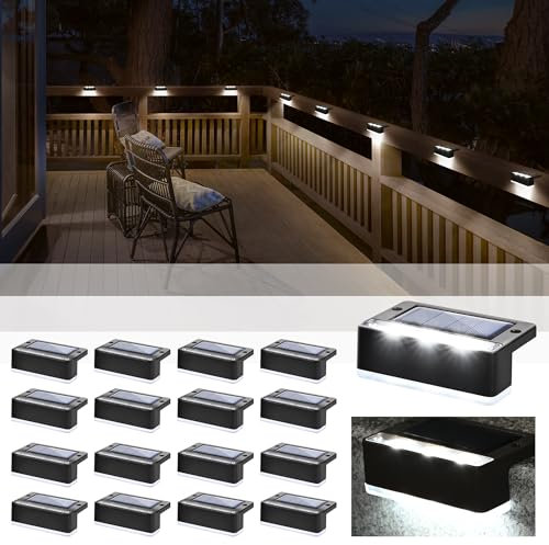 Solpex Lot de 16 lampes solaires d'extérieur pour clôture, étanche IP65, lumières LED d'extérieur pour terrasse, porche, escalier, cour, jardin, terrasse, piscine (noir, blanc froid)