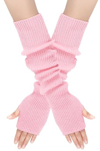 AWOCAN Lange fingerlose Handschuhe Weiche Winter Warme Handschuhe Winter Knit Armstulpen Daumenloch Handschuhe Gestrickt Warm Weben Handschuhe (Rosa)