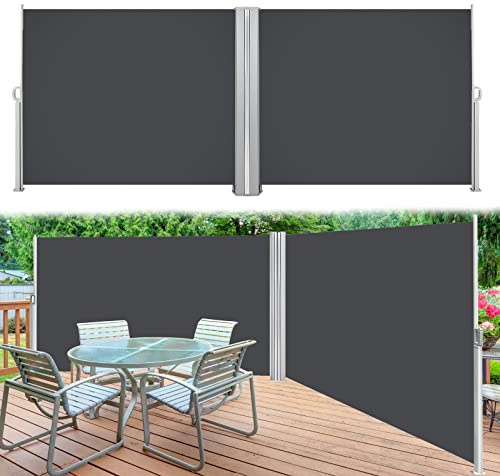 Vigevee Doppel Seitenmarkise, 180x600cm Ausziehbar Sichtschutz Blickdicht Sonnenschutz, Windschutz, UV-beständig Seitenwandmarkise Markise Seitenrollo für Garten, Terrasse, Grau