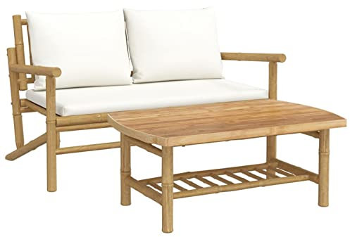 Yolola 2-TLG Balkonmöbel Lounge Kleiner, Loungeset Gartenmöbel, Loungemöbel Terrasse, Gartenmöbel-Set Bambus,Gartensofa Bambus, Gartenmöbel, Gartenlounge, Eckmodul, Creme