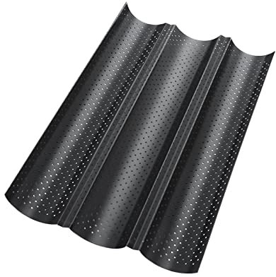 Tarana Molde para baguette con revestimiento antiadherente, bandeja para baguette para 3 baguettes, molde negro para baguette, accesorios para hornear pan, bandeja para hornear baguette 38 x 23 cm