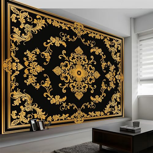 Carta da parati decorativa in stile barocco, colore nero e oro, per soggiorno e camera da letto (tessuto non tessuto di alta qualità, 220 g/m², 350 x 256 cm (larghezza x altezza)