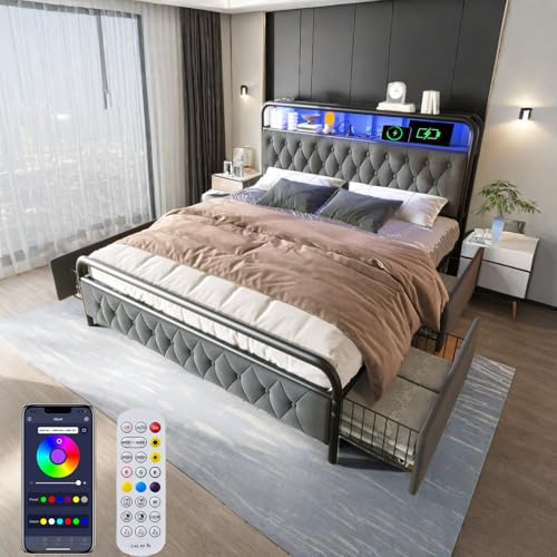Bett 180x200 mit LED und USB Type C und APP-Control, Polsterbett 180x200cm mit 4 Schubladen und Kopfteil, Doppelbett mit Lattenrost, Stauraumbett Jugendbett Metallbett Bettgestell aus Samt -Grau