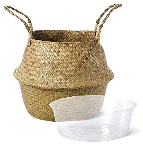 Lamsimoy Plant Basket with Liner, Woven Seagrass Belly Baskets, Decorate,Storage Laundry Picnic Grocery Straw Bag