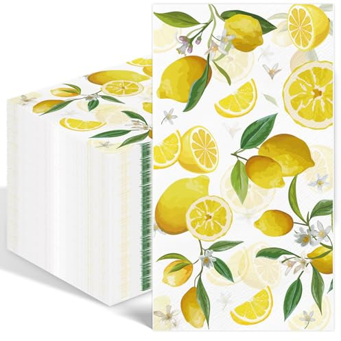 50 gula citron sommarservetter, akvarell citronblommor sommar dekorationsservetter, färgglada pappersservetter, Tasty Lemons servetter perfekt för födelsedagar, fester, bröllop, kommunion och fester
