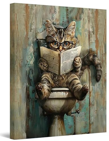 Leinwand Bilder Wanddeko Wc Badezimmer Deko Wandbilder Gäste Wc Badezimmer Bilder Wandbilder Lustige Niedliche Katze auf Toilette Kunstdruck Wandbild for Wall Art Wand Dekoration 30x40 cm mit Rahmen