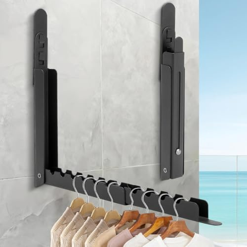 MIUUIPI 2 stycken klädkrokar vikbara, klädkrokar väggmontering klädfläkt väggklädställ, klädstång väggkrok metall garderobskrokar för balkong tvättstuga badrum (svart)
