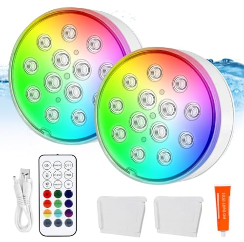 Poolbeleuchtung Unterwasser Licht Mit Fernbedienung, 2 Stück Wiederaufladbar Unterwasser Licht, Unterwasser Led Licht, Ip68 Wasserdicht Pool Licht, 16 Farben, Led-Poollicht, Led Teichbeleuchtung