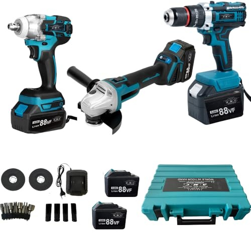 A.M.C. Kit Completo Professionale Fai da Te 3 in 1 con Trapano Avvitatore a Batteria, Smerigliatrice Angolare a Batteria, Trapano ad Impulsi Svita Bulloni 88v