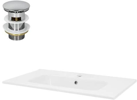 LuxeBath Waschbecken Keramik Weiß 810x460x165 mm eckig mit Ablaufgarnitur Silber, Einbauwaschbecken mit Hahnloch/Überlauf, Aufsatzwaschbecken Einbauwaschtisch Waschschale Waschplatz Handwaschbecken