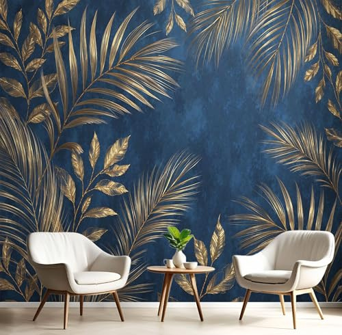 DLERFLOVR Papier Peint Panoramique Style Bohème 250x175cm Papiers Mural Feuilles De Palmier Dorées XXL Muraux Tapisserie Photo Décoration pour Salon Chambre Restaurant - Bleu Foncé