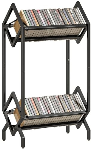 HOMCOM Estante de almacenamiento para 50 CD, unidad de almacenamiento de CD de metal de 2 niveles, estante de exhibición independiente para DVD, libros pequeños y álbumes, sala de estar, dormitorio