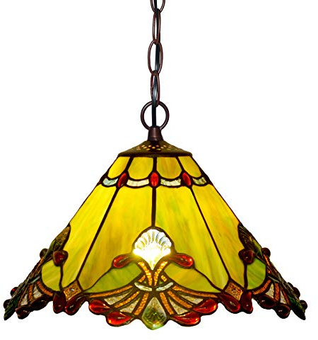 HT Tiffany Style Hanging Pendant Lamp 13 Inch Wide Green Sermon Design Stained Glass Lampshade 1-Light Iron Chain Traditional Handmade Ceiling Pendant Decor for Kitchen Bedroom Living Room Family