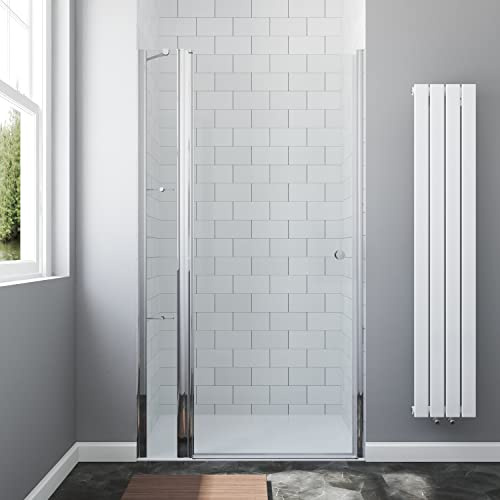 Duschtür mit Festteil und Duschablage 90 x 195 cm Nischentür Dusche mit Festem Seitenteil 90cm breit Duschnischentür Drehtür Schwingtür mit Eckregale Sicherheitsglas 6 mm Echtglas Nanobeschichtung