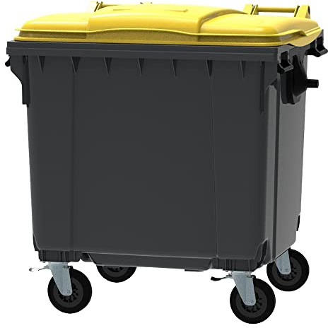 ESE France Conteneur Poubelle à déchets 4 roues - 1100L - Robuste et Professionnel - 100% Recyclé - Gris avec Couvercle Jaune