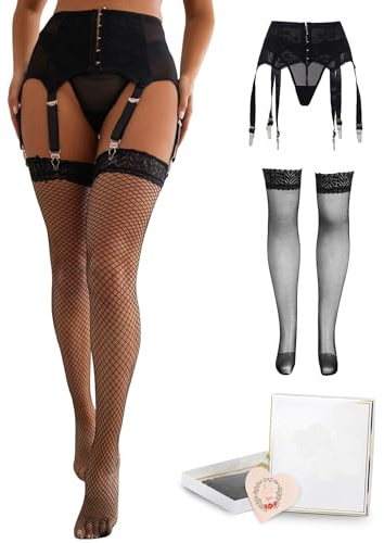 Strapsgürtel mit Strümpfe set Sexy für Damen Strapsen Dessous Set Breit Spitzen Große Größen Strumpfhalter Hüfthalter Strapshalter Slip Hosenträger mit 6 Halter Metallclip EU 40 42(Schwarz,M-L)