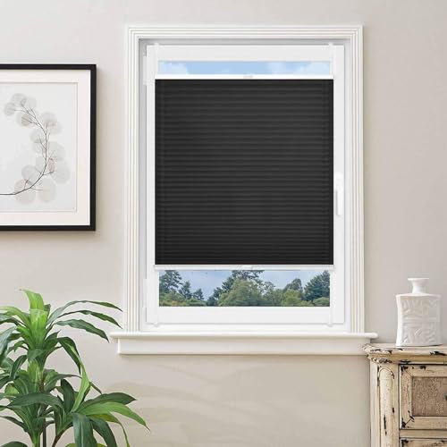 Plissee Nach Maß Ohne Bohren 95 x 220 cm Verdunklungsplissee Lichtundurchlässig Jalousien Für Innen inkl. Zubehör für Wohnzimmer, Schwarz