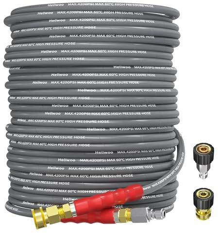 Heliwoo Tuyau de nettoyeur haute pression de 30,5 m 4200 PSI avec connexion rapide de 3/8, fil d'acier de qualité commerciale tressé résistant aux torsions, ensemble adaptateur de tuyau flexible de