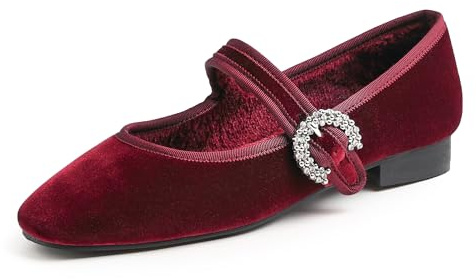 Feversole Women's Square Toe Mary Jane Fashion，Punta Quadrata Easy Buckle Tacco Basso Slip On Flats in Velluto Borgogna Foderato di Pelliccia Taglie 38 EU