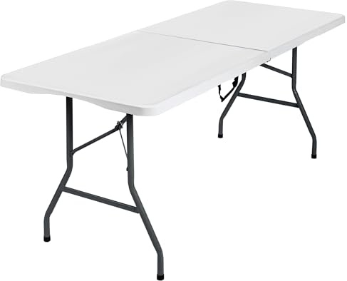 Mesa plegable camping portátil, jardín, catering. Auxiliar y Rectangular 180x70cm. Hasta 150kg de carga. Para exterior e interior. Ideal para 6 personas. Eventos, oficina, estudio, reuniones. Blanca