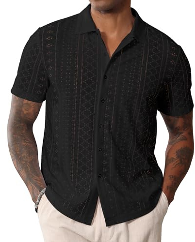 CTU Camicia da uomo a maniche corte con bottoni, con colletto cubano, casual, estiva, da spiaggia, Nero , M