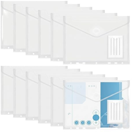 Lot de 12 porte-documents A5 avec porte-cartes de visite, porte-documents A5 pour fichiers, papier, bureau, école, blanc transparent